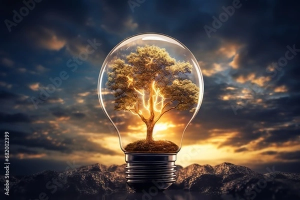 Obraz A tree growing inside of a light bulb is a powerful and evocative image that represents the potential of renewable energy to power our homes and businesses.