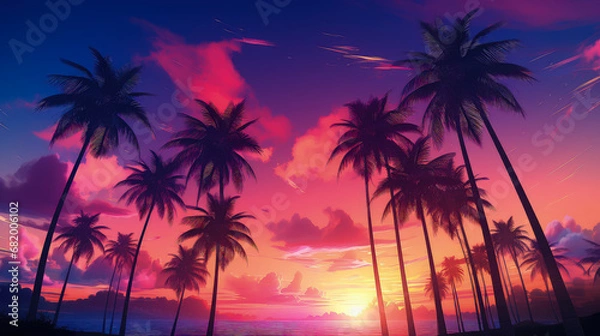 Obraz Retro style tropical sunset with palm trees. 