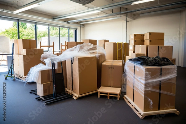 Obraz A Office Room Filled with Cardboard Moving Boxes. Generative Ai