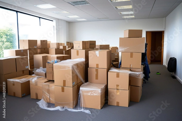 Fototapeta A Office Room Filled with Cardboard Moving Boxes. Generative Ai