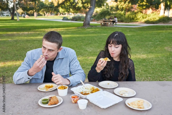 Obraz Couple eats Indian food at picnic table
