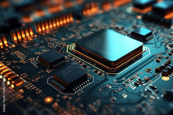 Fototapeta Close-up of an electronic board with a processor or chip. Development of computer technologies. Modern electronics production.