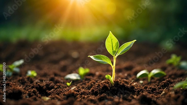 Obraz Close-up of green seedling growth from the rich soil and leaves unfurl in the morning sunlight. Illustrating concept of new life, agricultural and sustainable environment