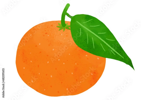 Obraz 定番の果物。シンプルでかわいい葉っぱのついたみかんのイラスト1個
