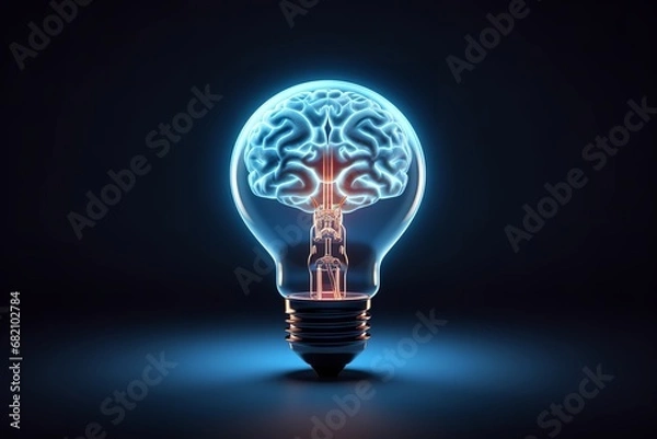 Fototapeta a glowing brain inside a light bulb on a black background is a powerful symbol of creativity, innovation, and the power of the human mind.