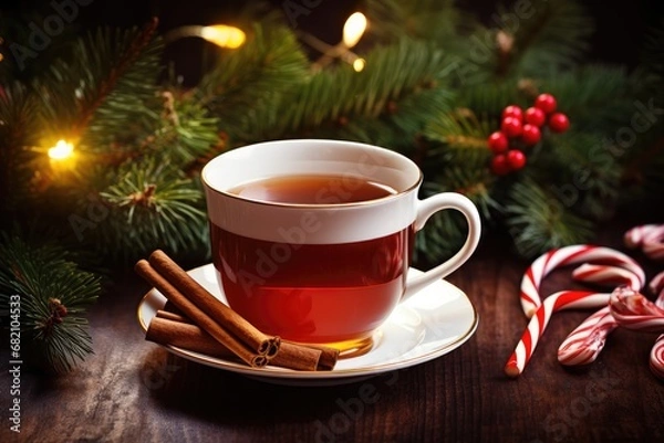 Fototapeta Christmas Tea: Close-up of a cup of hot tea with a candy cane stirrer, surrounded by Christmas greenery. 