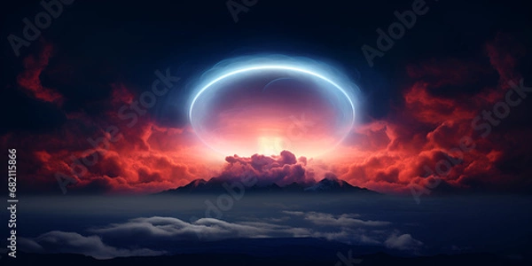 Fototapeta Magical sky space with bright neon circle, abstract background	