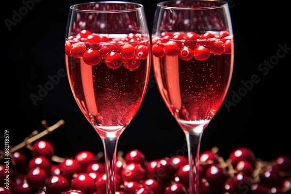 Fototapeta Cranberry Champagne: Close-up of champagne flutes with floating cranberries.