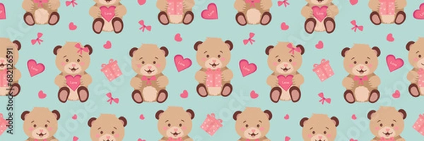 Fototapeta Seamless pattern with cute teddy bears. Drawing for Valentine's Day, Teddy Bear Day. Vector illustration. Vector. Vector