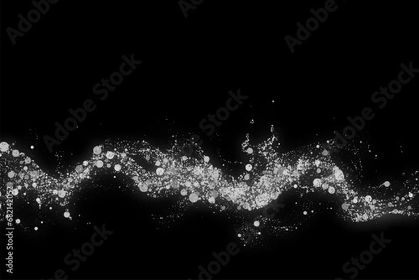 Fototapeta Silver glitter texture on a black background. Abstract silver colored particles, flow of wavy shiny confetti. Festive background.
