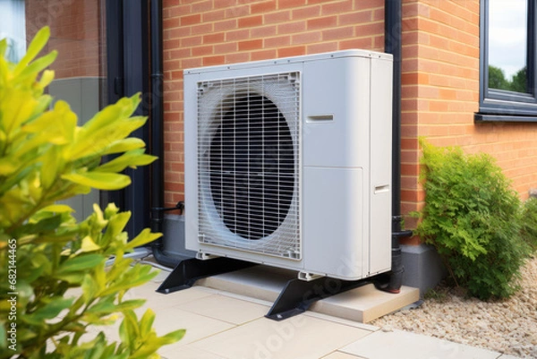 Fototapeta Outdoor air conditioner unit installed in front of a house.