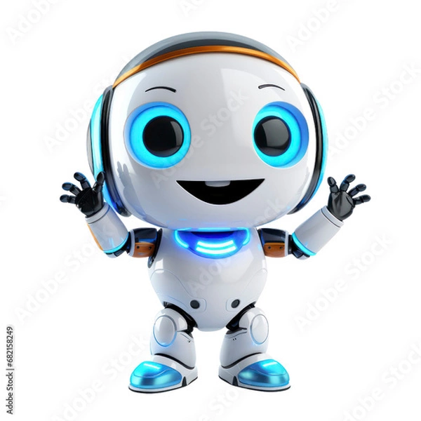 Fototapeta small robot with shiny metallic surface, waving hand, eyes lit up with blue lights, and a friendly digital smile, on isolated white background.