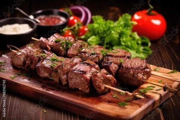 Obraz lamb kebabs on skewers resting on a board, sprinkled with herbs
