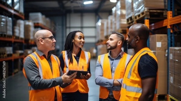 Fototapeta 
Diverse warehouse team with a forklift operator discussing logistics and workflow in a large industrial storage facility. Ai generated