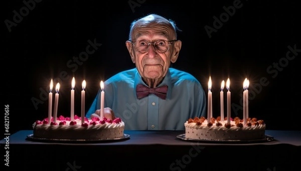 Fototapeta Celebrating a Lifetime of Memories: An Elderly Gentleman Enjoying a Cake with Lit Candles