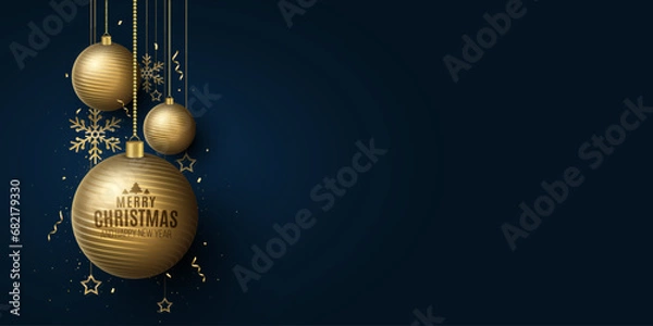 Fototapeta Christmas background with decorations of glittering golden hanging balls, flying confetti, snowflakes and stars. Happy New year banner. Vector illustration.