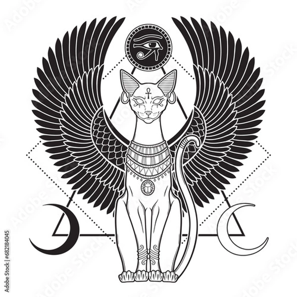 Obraz Bastet or Bast ancient Egyptian goddess sphynx cat in gothic style hand drawn vector illustration