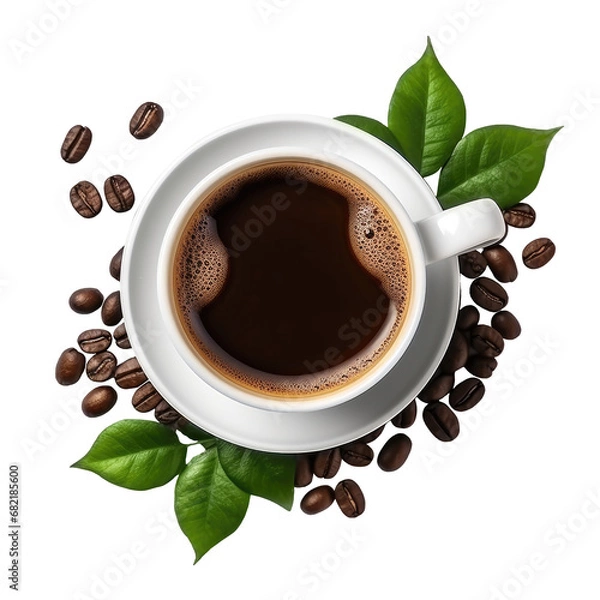 Obraz Top view of Cup of black coffee with beans and leaves on cutout PNG transparent background