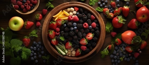 Fototapeta From a top view perspective, the table displayed a bountiful bowl filled with an assortment of healthy fruits - vibrant red strawberries, luscious green apples, and blackberries bursting with natural
