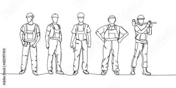 Obraz Set of builder in working uniform, protective overalls, hard hat, safety, instruments one line art. Continuous line drawing of repair, professional, hand, people, concept, support, maintenance.