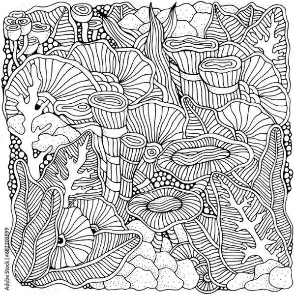 Fototapeta Stressrelief, ethnic abstract background. Hand-drawn, floral, retro, doodle, vector, zentangle design element. Adult coloring book page. 