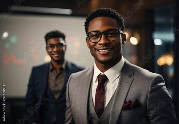 Fototapeta Smart bussinesmen wearing glasses and suit, leader, blurred office on the background