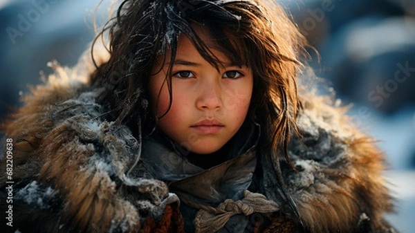Fototapeta little cute boy in a fur jacket in the snow