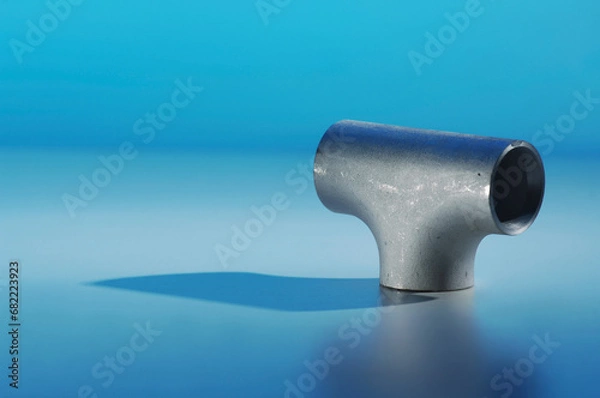 Obraz Metallrohrverbindungen oder Rohrverbindungsstücke und Sanitärrohre auf blauem Hintergrund
