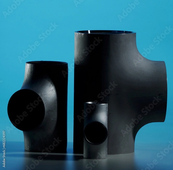 Obraz Metallrohrverbindungen oder Rohrverbindungsstücke und Sanitärrohre auf blauem Hintergrund