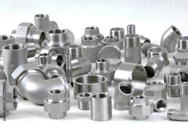 Obraz Rohrverbindungsstücke aus Metallrohren oder Rohrverbindungsstücke und Klempnerrohre auf weißem Hintergrund