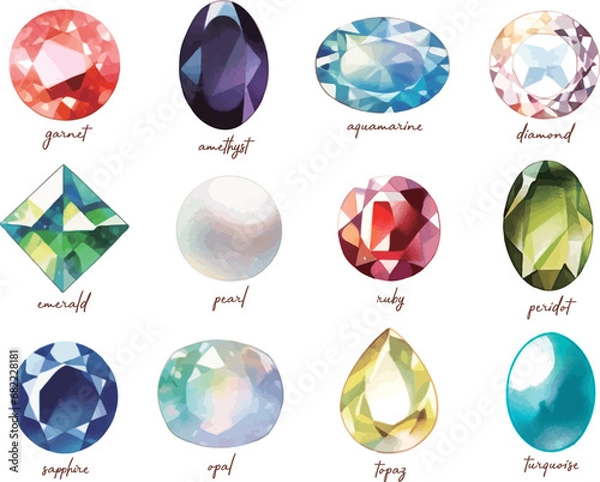Obraz 水彩で描いたカラフルな宝石のイラスト,誕生石