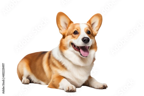 Fototapeta a high quality stock photograph of a single happy satisfied corgi dog isolated on a white background
