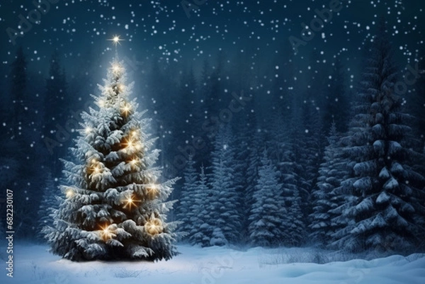 Obraz illuminated pine christmas tree snowy forest night