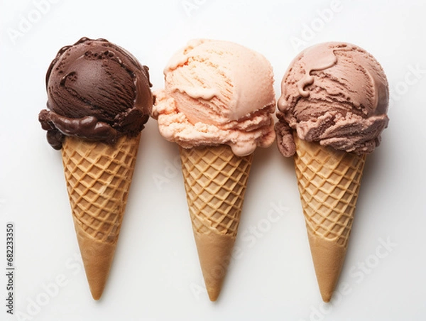 Fototapeta three chocolate ice creams on a white surface, in the style of intense color saturation, nabis, soft, dream-like quality created with Generative Ai