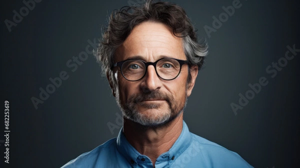 Fototapeta Portrait of smiling caucasian American man wearing blue on blue background and looking at camera, copy space