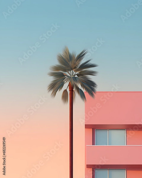 Fototapeta palm tree in front of a building.Minimal summer holiday concept