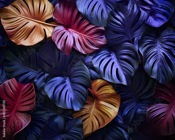 Fototapeta Creative fluorescent color layout made of tropical leaves. Flat lay neon colors. Nature concept