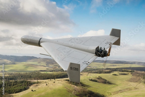 Obraz Military drone Shahed-136 (Geran-2) flying in the air. UAV combat mission - 3d rendering