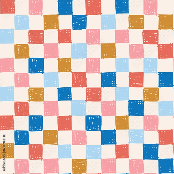 Fototapeta Seamless Hand Drawn Stripe Checkerboard Pattern Fun Circus Naive Vertical Organic Check Tile Pattern