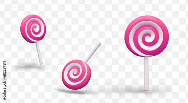 Fototapeta Round spiral candy on stick. Colored lollipop. Vector pink and white caramel in different positions. Isolated image of sweets. Festive beautiful dessert