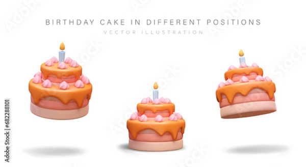 Fototapeta 3D birthday cake with candle. Luxurious creamy dessert. Festive pastries with glaze. Confectionery menu. Color vector cake in different positions. Isolated images