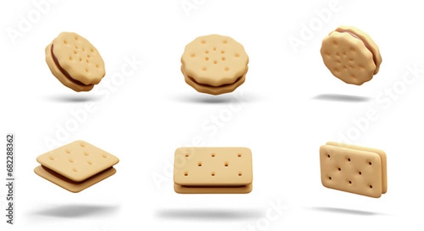Fototapeta Set of sandwich cookies of different shapes. Round and rectangular cookies with filling. Isolated vector images in different positions on white background. Crispy flour snacks