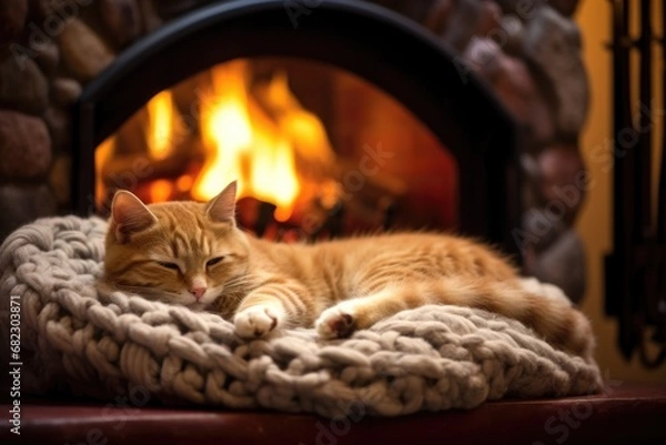 Fototapeta cat curled up in a plush bed near a roaring fireplace