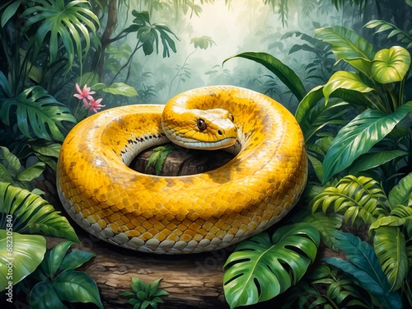 Fototapeta Watercolor yellow python snake drawn in forest.
