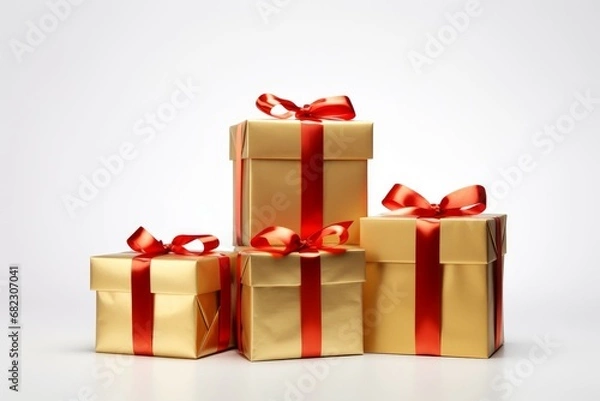 Obraz Festive Gold gift boxes ribbon. Xmas present. Generate Ai