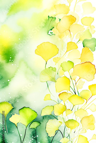 Fototapeta Watercolor Gingko Background with White Copy Space