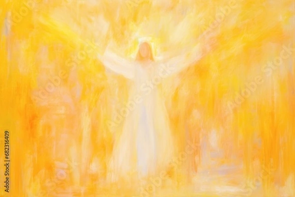 Fototapeta  a painting of a woman in a white dress with a halo on her head and arms outstretched in front of an orange and yellow background of trees and yellow foliage.