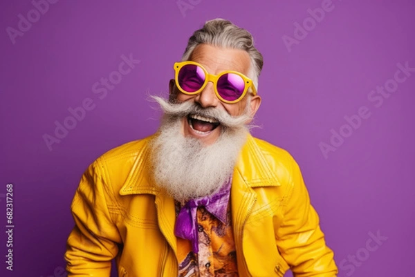 Fototapeta Portrait of cheerful elderly gray-haired bearded grandfather in funny sunglasses and bright extravagant clothes on plain purple background. Retired hipster, seniors party, carnival