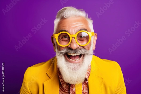 Fototapeta Portrait of cheerful elderly gray-haired bearded grandfather in funny sunglasses and bright extravagant clothes on plain purple background. Retired hipster, seniors party, carnival