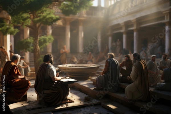 Fototapeta Greek philosophers engaged in lively debates in the Agora of Athens, embodying the intellectual life of ancient Greece. Generative Ai.